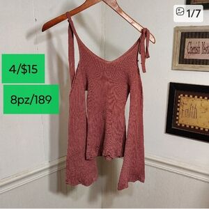 Flying Tomato Mauve V-Neck,Off Shoulder,Bell Sleeve , Sweater